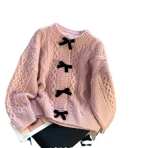 Women's Pink Cardigan Bow Decor Cable Knit Crew Neck Sweater for Casual Fall Winter Daily Outfits Long Sleeve Open Front Blazer polyester winter clothes women hoodie jean jacket with tights pull and bear Oversized mrs Floral Crochet Waisted Tank tank top