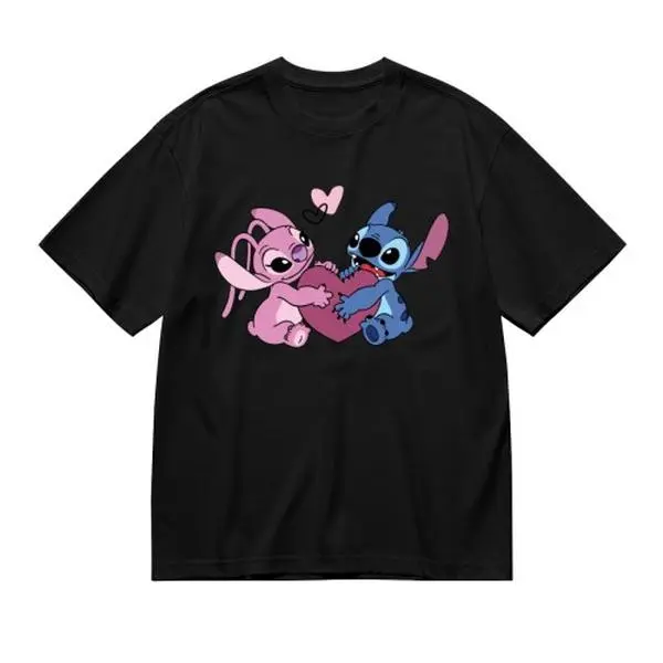 Disney Stitch & Angel Sweet Couple Tee - Casual-Chic Fit For Neighborhood Walks, Animation Enthusiasts