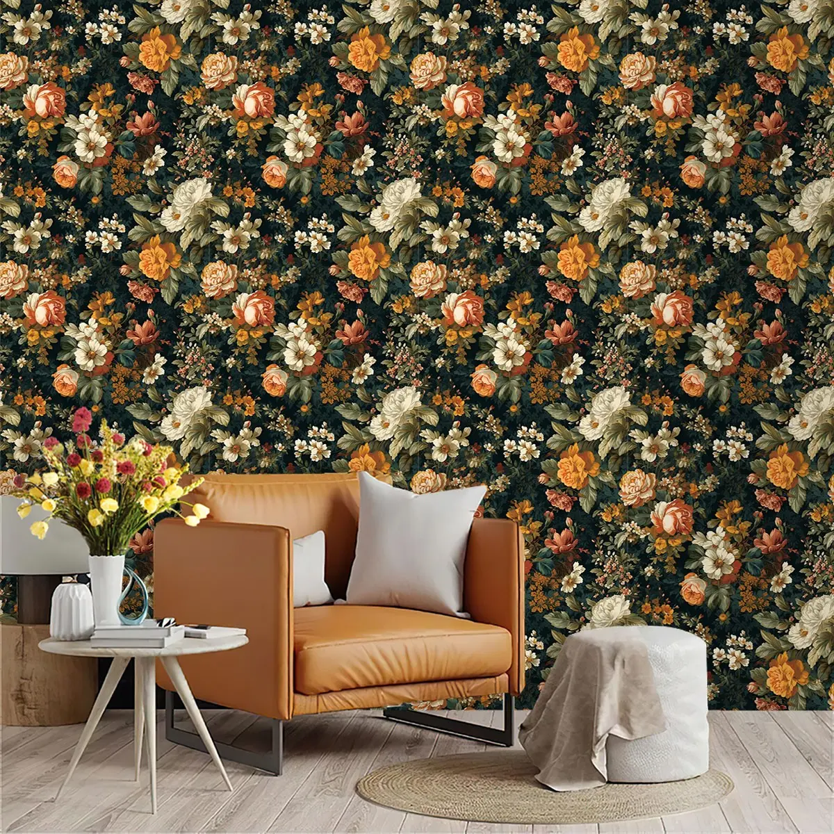 Vintage Floral Wallpaper Roll, Dark Color Theme, PVC Material, Moisture-Proof, Easy Peel-And-Stick, Ideal for Living Room Decor