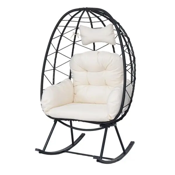 Indoor Outdoor Egg Rocking Chair, Wicker Rattan Cocoon Lounge Chair with Thick Cushion & Pillow, Foldable Single Swing Rocker with 330LBS Capacity for Patio, Balcony & Living Room