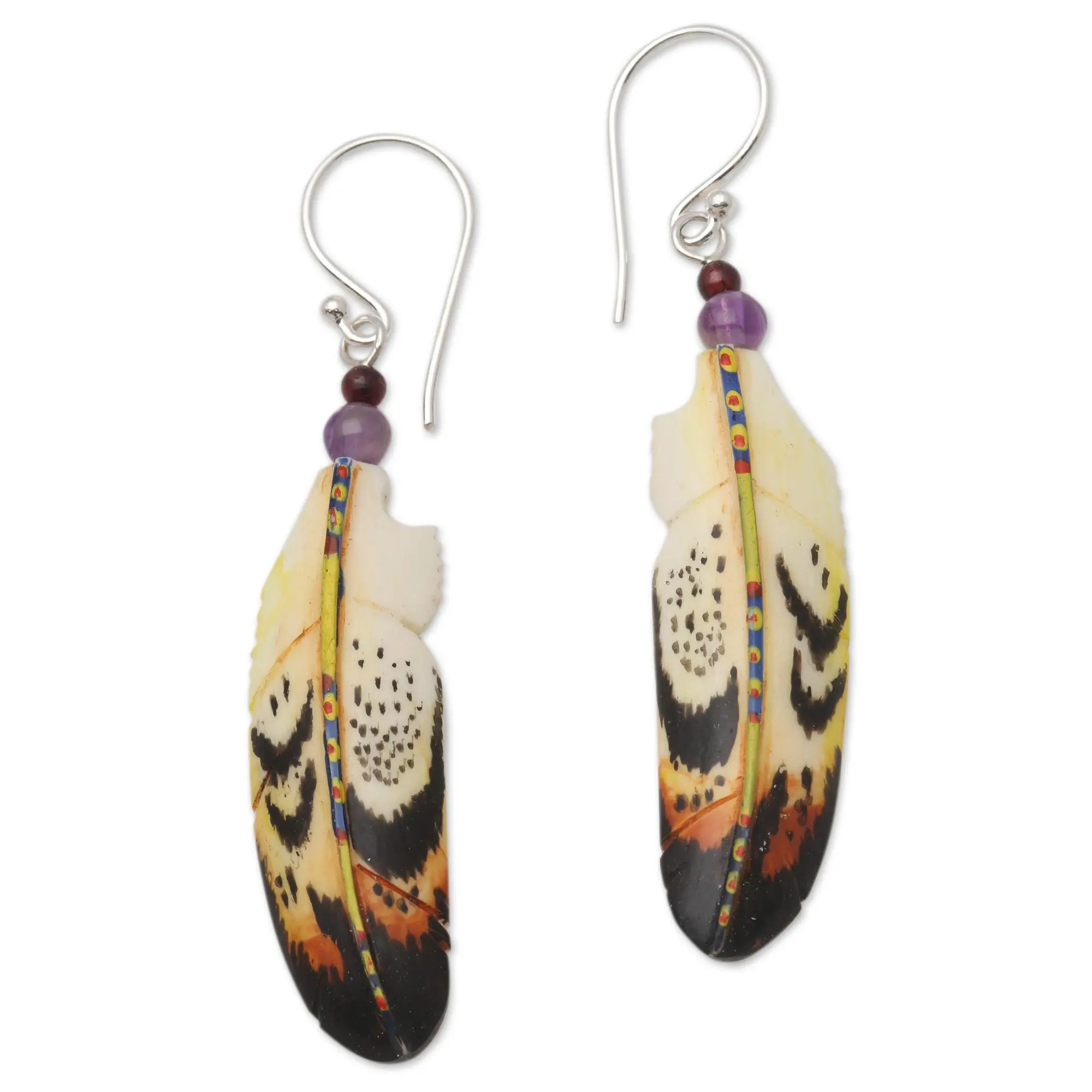 Novica Handmade Amethyst Garnet Dangle Earrings With Bone Indonesia Gemstone Birthstone Bird [2.2 In L X 0.4 In W X 0.2 In D] 'Delightful Feathers'