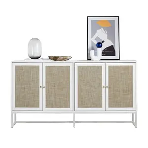 Giratree Sideboard Buffet Cabinet with 4 Doors, Modern Storage Cabinet with Storage and Adjustable Shelves, Accent Rattan Cabinet for Kitchen and Living Room