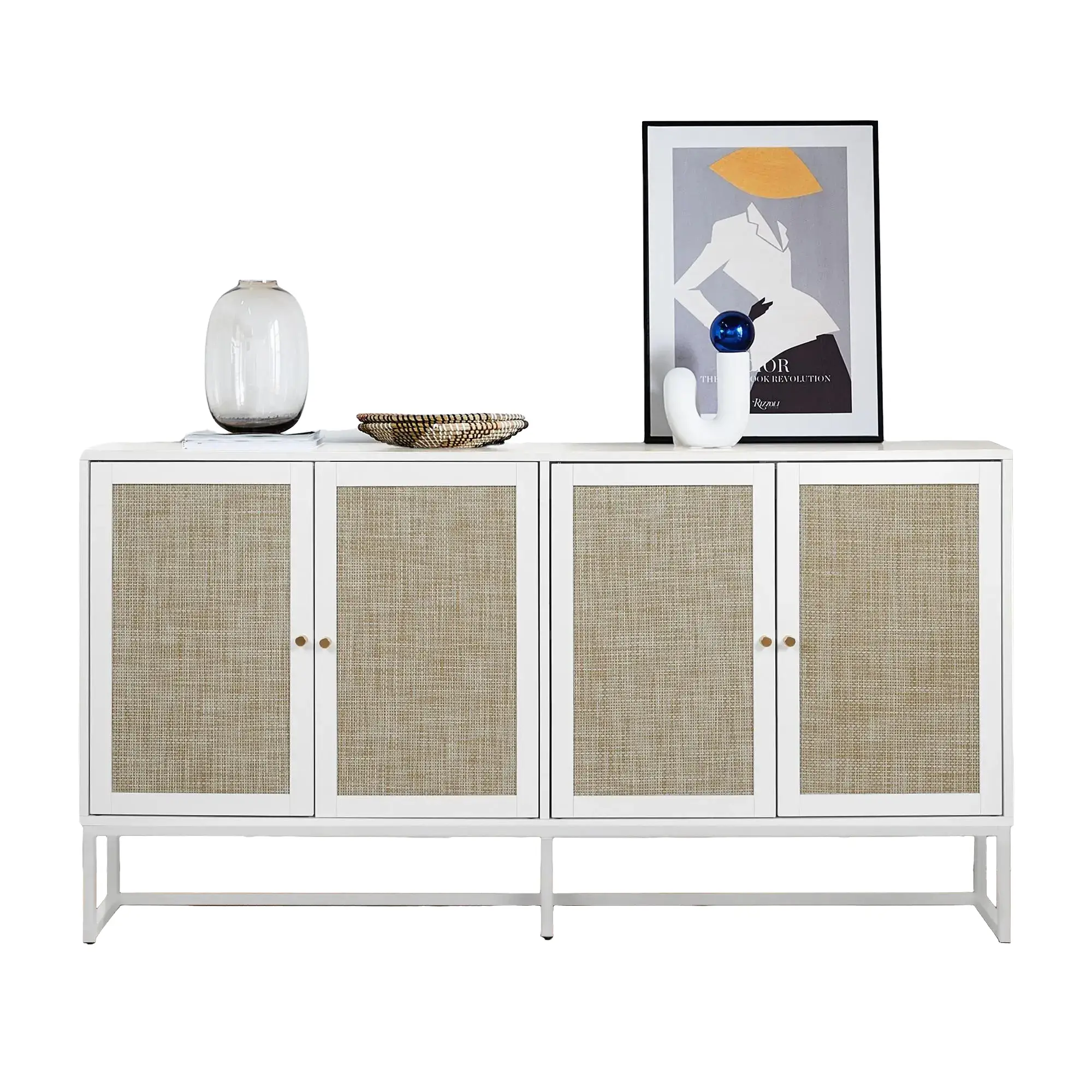 Giratree Sideboard Buffet Cabinet with 4 Doors, Modern Storage Cabinet with Storage and Adjustable Shelves, Accent Rattan Cabinet for Kitchen and Livi