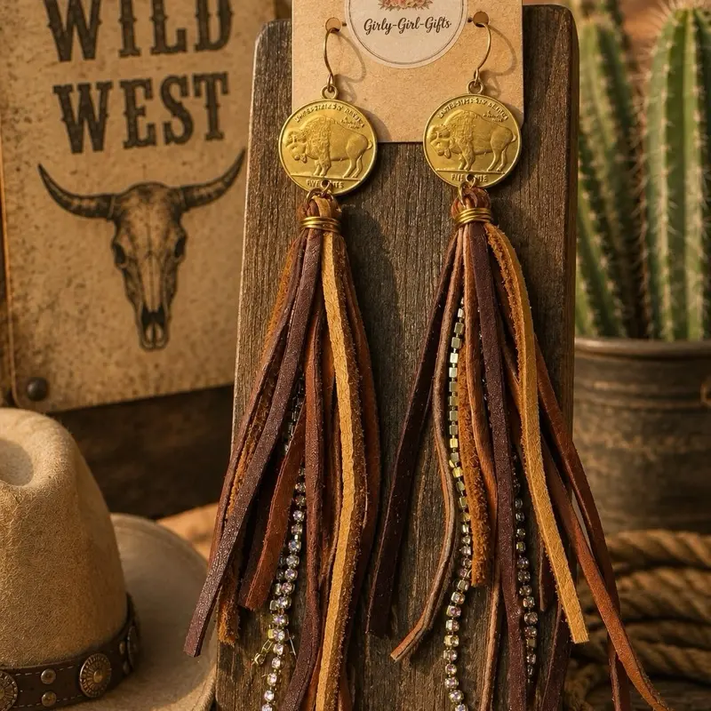Western Buffalo Coin Fringe Earrings – Handmade Boho Cowgirl Leather Earrings Gypsy South