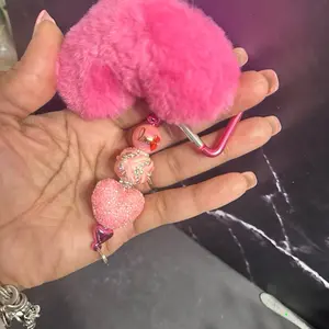 Pink Fuzzy Heart Keychain with Glittery Beads and Love Charm for Valentine's Day Gifts