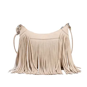 Women's Cream Medium Fringe Zipper Crossbody Bag