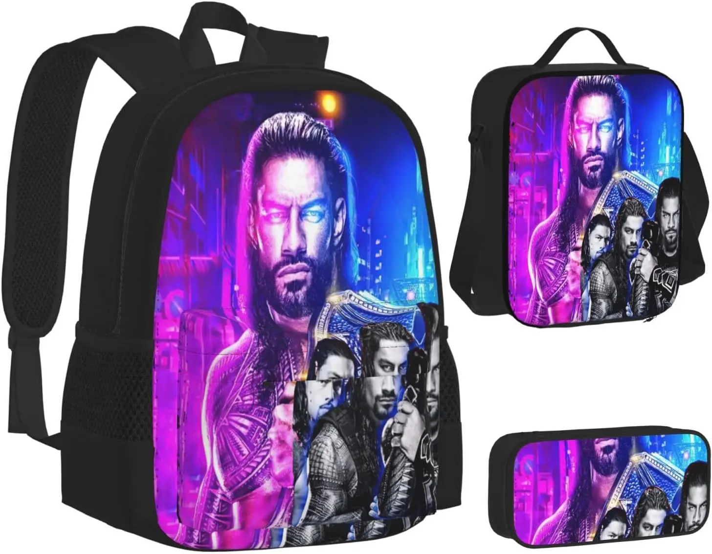 Roman Reigns Backpack 3 Pieces Set With Lunch Box And Pencil Pouch Combination for Work/Sport/Picnic Beautiful Laptop Backpack Travel Daypack Stationery Bag