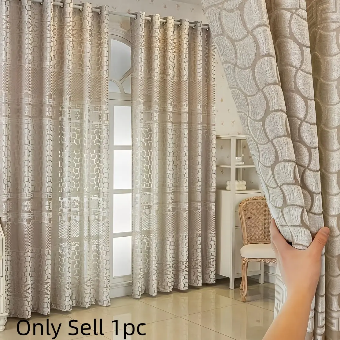 1pc Wabi-Sabi Cream Color Sheer Embroidered Home Decorative Curtain, Chinese Geometric Embroidery, Semi-Transparent Soft Light, Breathable Skin-Friendly, Ideal for Wabi-Sabi Home Decor