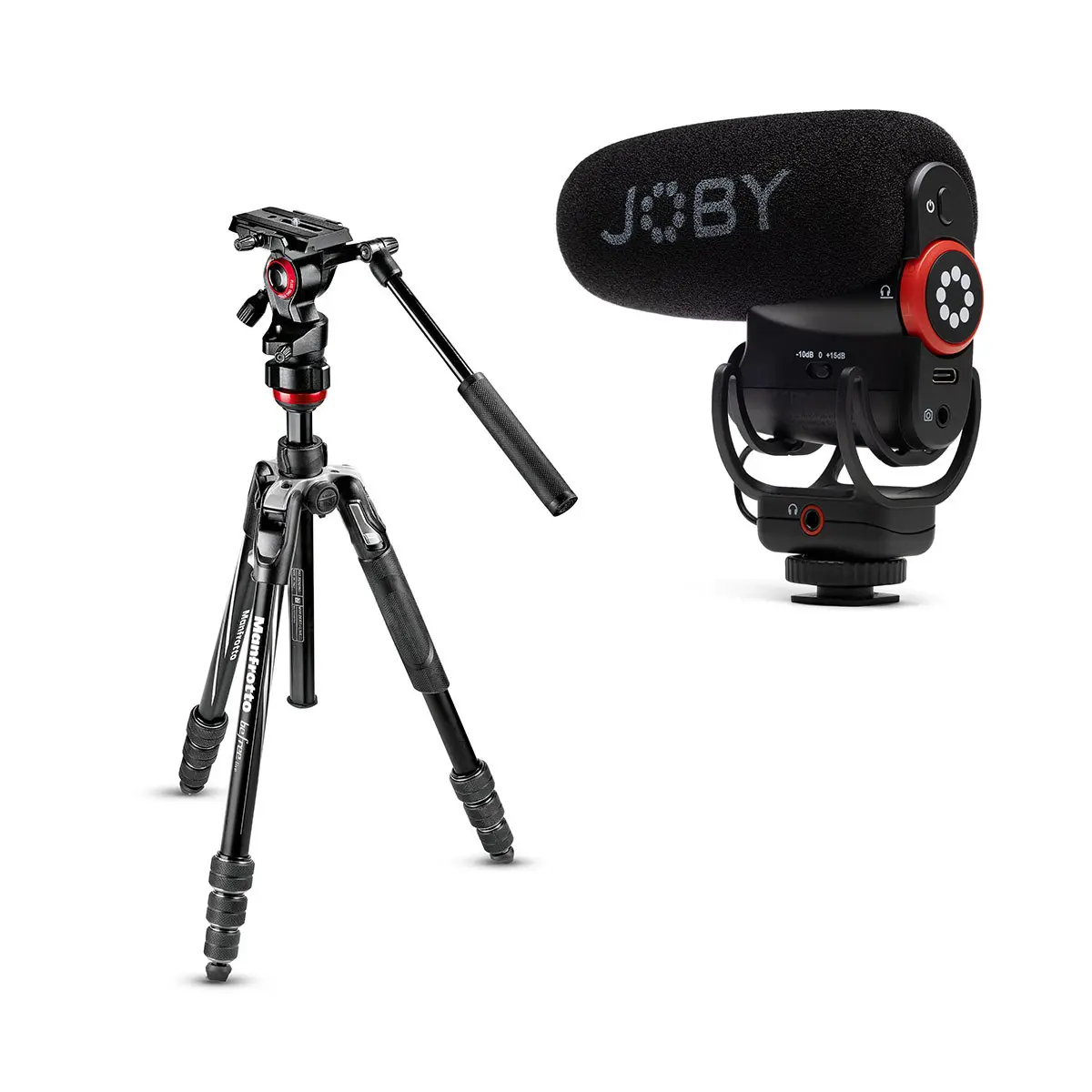 Manfrotto Befree Live 4-Section Aluminum Tripod with Fluid Head, JOBY Wavo PLUS On-Camera Microphone for Recording, Camera Accessories