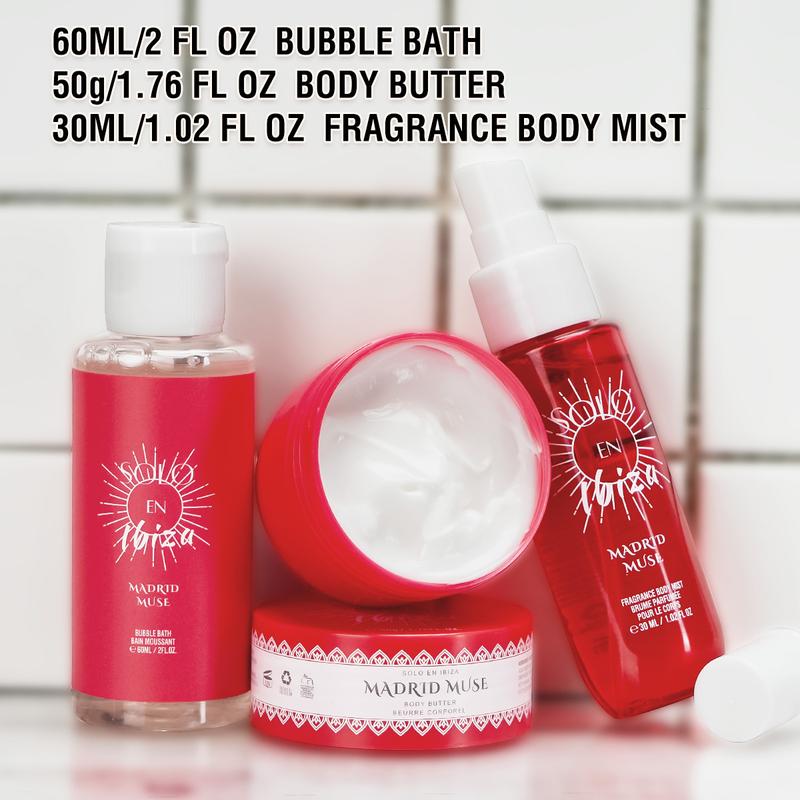 SOLO EN IBIZA Women's 3-Piece Gift Baskets - 1.76 fl. oz Body Butter, 2. oz Bubble Bath, 1.02 fl. oz Body Mist, Long-Lasting Moisture & Fragrance