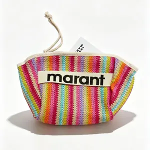 Makeup Bag Large Cotton Zipper Pouch for Purse Travel Canvas Make Up Organizer for Women Cosmetic,Vintage Stripe Multicolor