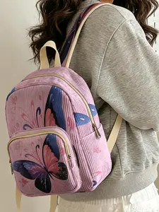1 piece of ladies' two-shoulder bag with 2D printed dream butterfly pattern, velvet texture + layered storage + light weight reduction | Suitable for students to go to class/shopping/short trips | Combines atmosphere with practicality