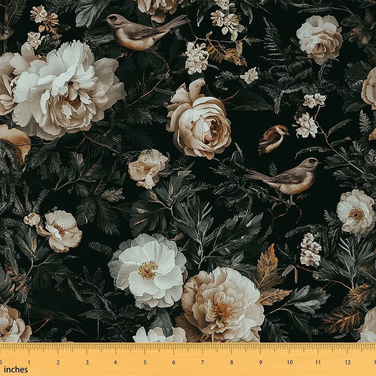 White Flower Flannel Fabric Floral Bird Upholstery Fabric Vintage Blossom Floral Flowers Decors Flying Bird Animal DIY Art