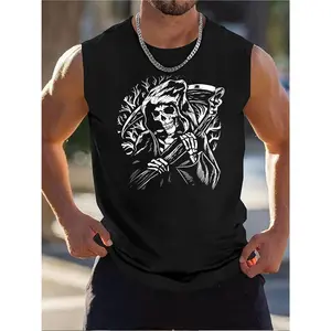 Grim Reaper Scythe Skeleton Art Printed Singlet Men's Workout Sleeveless Shirt Stretchy Swim T-Shirts Athletic Gym Running Beach Tank Top 180g Pure Cotton Round Neck Without Sleeves Comfortable & Breathable
