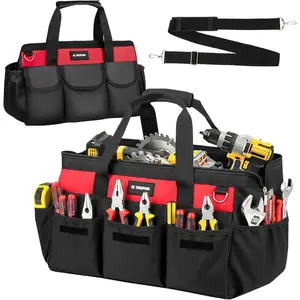 Kingfun 16 Inch Heavy Duty Tool Bag with 14 Pockets, Wide Mouth Tool Bag Organizer with Adjustable Shoulder Strap & Padded Handle, Durable Tool Storage Bag for Electricians, Mechanics & More (Red)