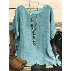 [Seasonal Versatility] Women's Plus Size Casual Short Sleeve Top Solid Pink - Lightweight and Breathable Polyester Blend, Round Neck - Perfect for Spring/Summer/Autumn, Seasonal Fashion|Country Casual Style|Machine Washable Top, Cute Short Sleeve Top