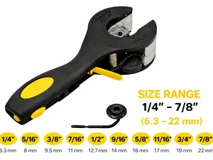 Adjustable Tube Cutter 1/4"–7/8" (6.3–22mm) for Copper, Aluminum & Plastic Pipes, Heavy Duty Metal Body, Precision Ratcheting Cutting Tool for HVAC, Plumbing & Automotive, Black Yellow