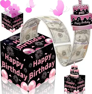 Birthday Money Box for Cash Gift Pull, Surprise Money Roll Gift Box with Pull Out Card and 30 Transparent Bags DIY Set, Funny Ways to Give Money as Gift for Parents, Lovers, Friends (Pink)