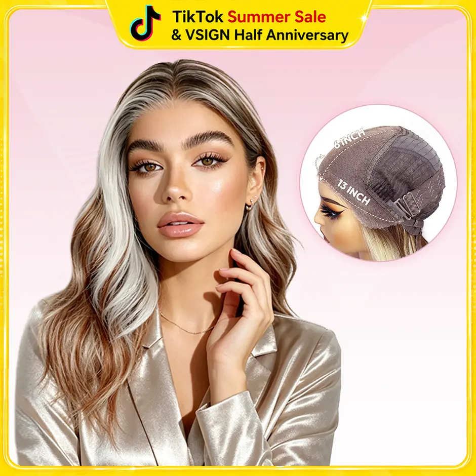 [Gloria] VSIGN New Rose Gold Smoky Silver Salt Pepper Highlights Shoulder Length Wavy Wig Scandi Hairline Pre Cut Lace Natural Looking Premium Synthetic Hair Heat Resistant Fiber Soft Layered Waves Lightweight Beginner Friendly Daily Wear Natural Hairline