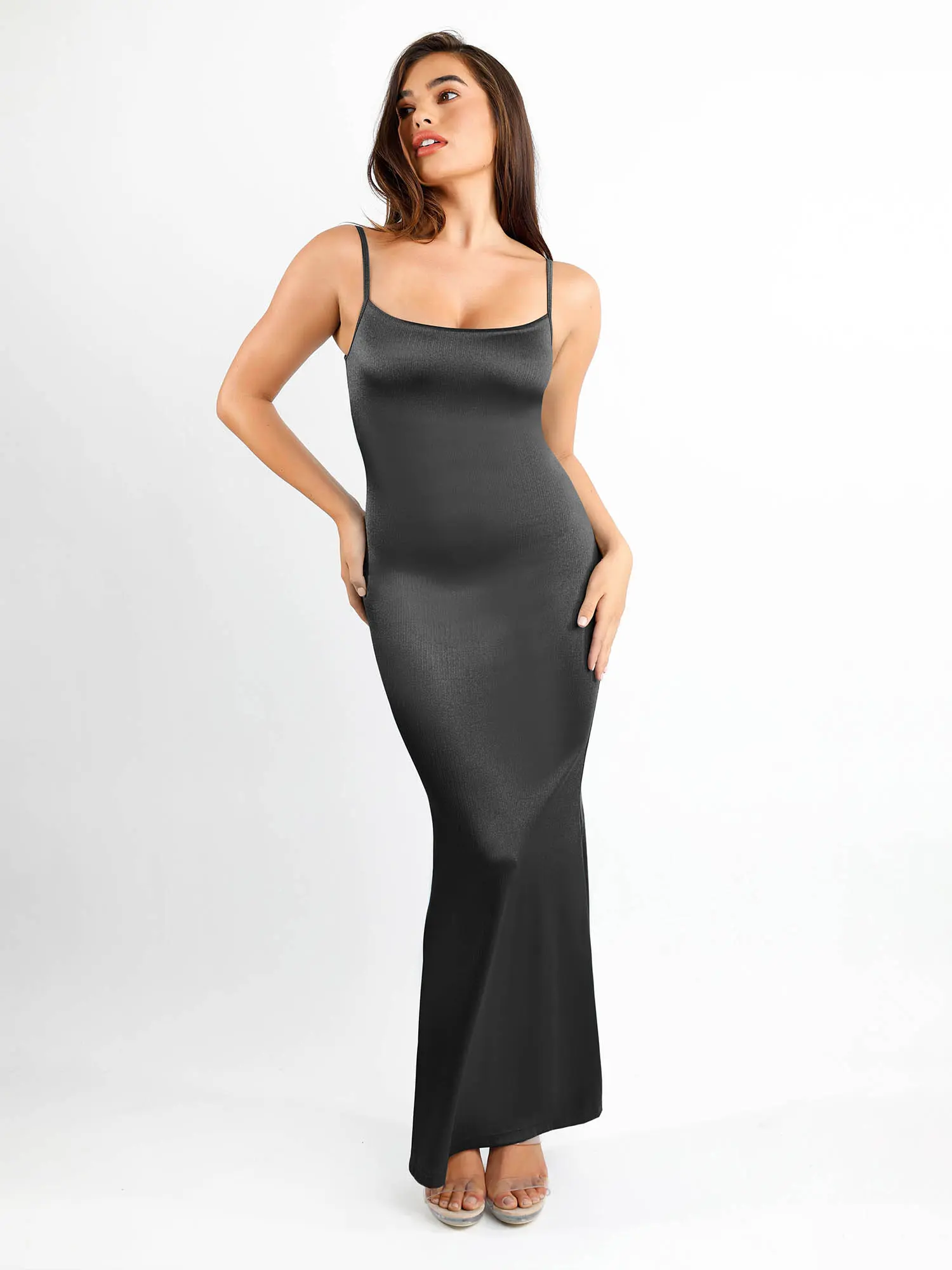 Popilush The Shapewear Dress Deep V-Neck Twisted Shine Maxi Formal Sleeveless Dress with High Elastic Body-Shaping Nylon Fabric Popilush The Shapewear Dress Deep V-Neck Twisted Shine Maxi Formal Sleeveless Dress with High Elastic Body-Shaping Nylon Fabric