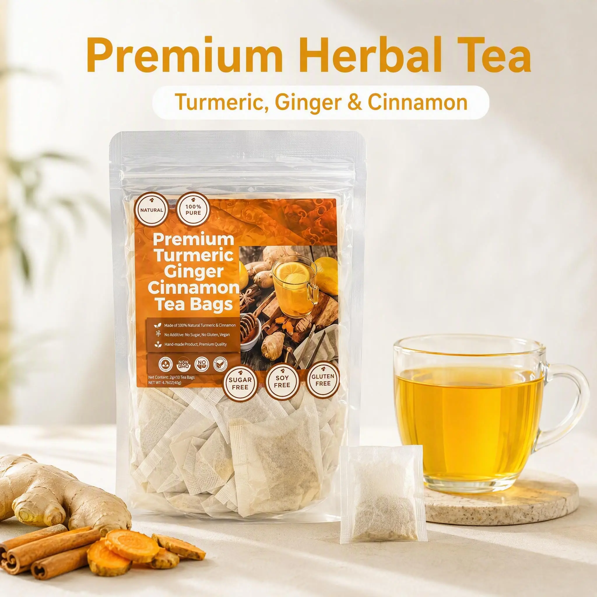 120 Tea Bags Turmeric Tea with Ginger & Cinnamon | 240g Value Pack | Stringless Square Paper Filter antiinflamma eco-conscious flama daily wellness routine first harvest