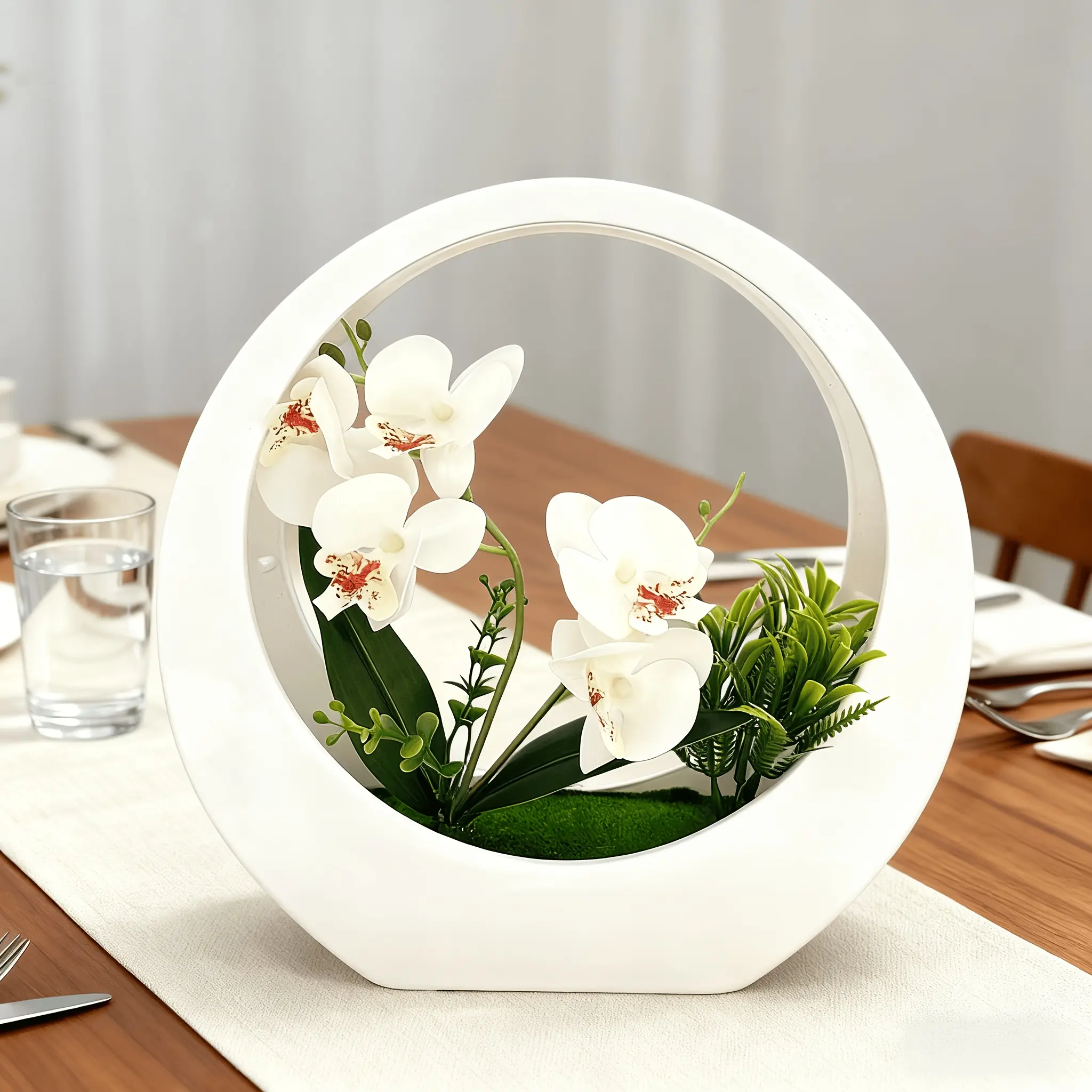 Graduation & Holiday Gift – Artificial Phalaenopsis Orchid in White Moon Planter, Realistic No-Maintenance Centerpiece for Wedding, Home or Office Desk, Present for Plant Lovers, Decor, Decorative Faux Flowers, Fake Potted Plants