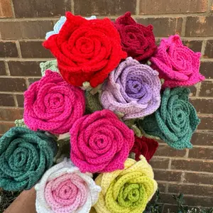 Handmade Crochet Rose – Single Stem | Crafted in Texas || Valentine Special | Four Realistic Tulip Heads | Premium Yarn | Sturdy Structure | Perfect for Home Decor & Gifts