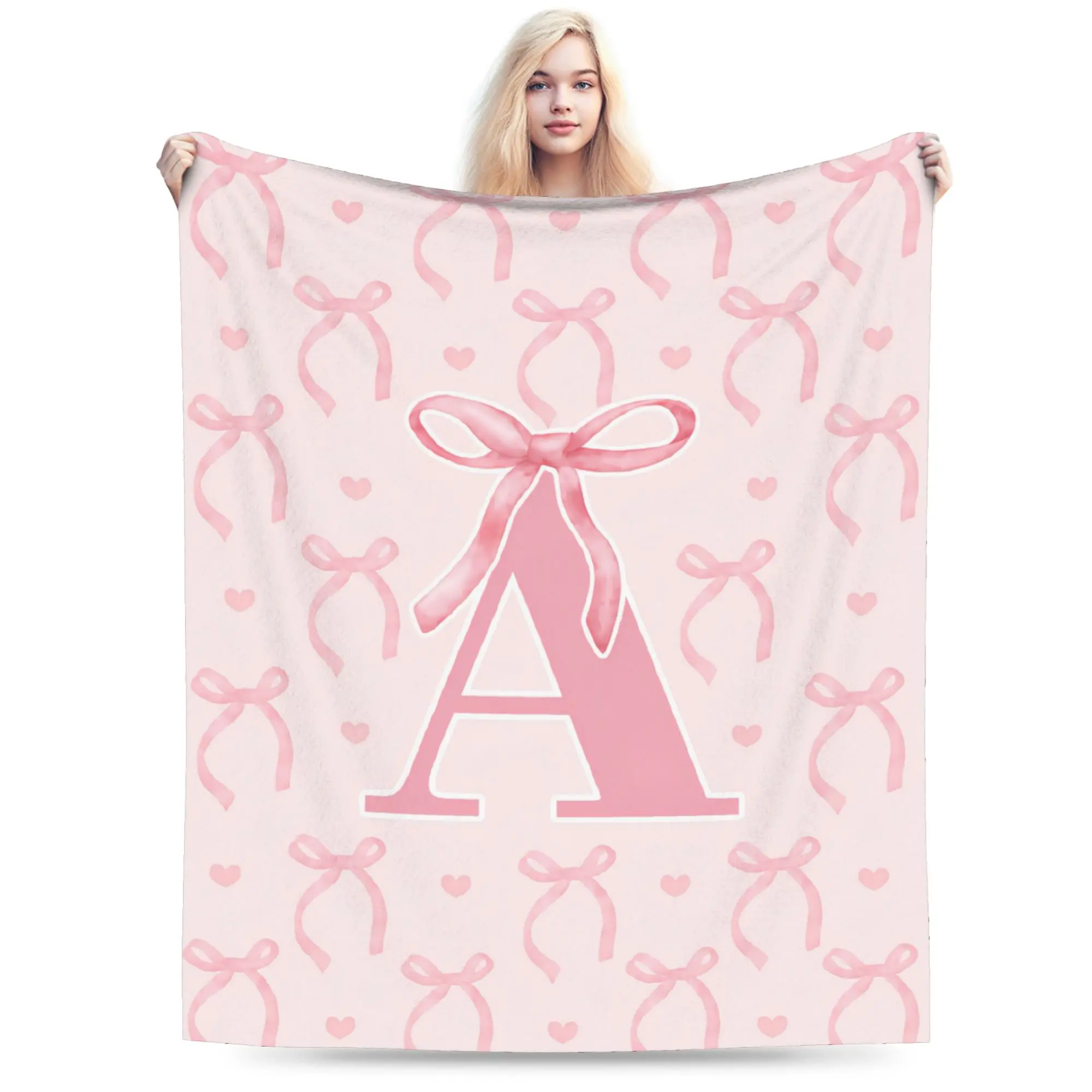 Personalized Pink Ribbon Alphabet Baby Throw - Custom A-E Embroidered Name, Ultra-Soft Flannel, Coquette Bow, Full-Width Print, Microfiber Softness, Travel & Sleep Cherished Keepsake, Newborn Girl Gift, Textile Bedding Linen