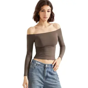 Women Off Shoulder Double Lined Long Sleeve Shirts Basic Going Out Tops