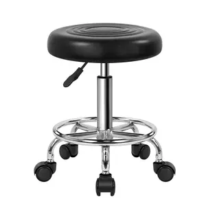 KKTONER PU Leather Modern Round Rolling Stool with Footrest Height Adjustable Spa Drafting Salon Tattoo Work Massage Stools Task Chair Small (Black)