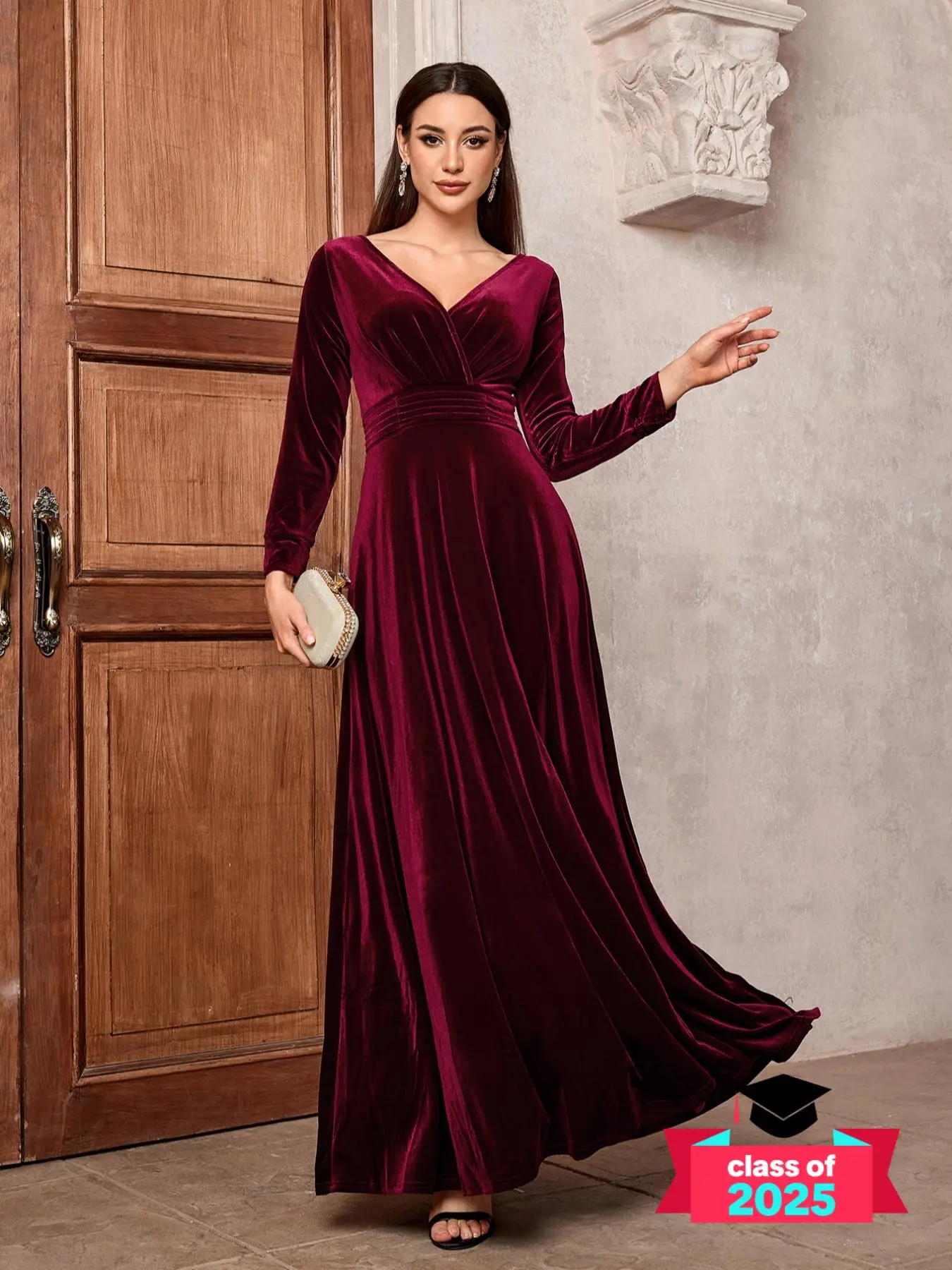 Women's Plain Ruched Wrap Velvet Dress, Elegant V Neck Long Sleeve A Line Dress for Party Evening Formal Occasions, Ladies Fall & Winter Clothes
