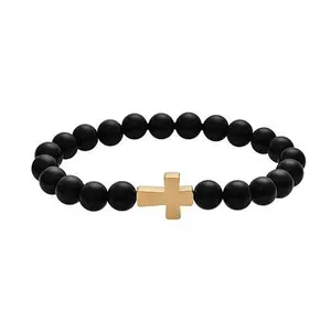 Stately Steel Men's Cross Design Beaded Stretch Bracelet