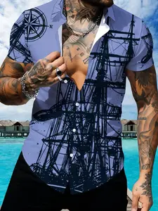 Blue Sailboat Pattern Short Sleeve Shirt, Men's Casual Printed Top, New Summer Trendy Clothing