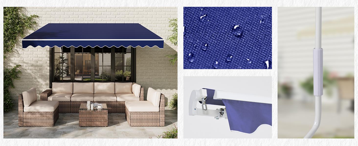 Aoxun Manual Retractable Awning for Outside 12x10 FT Outdoor Patio Sun Shades Canopy with Crank Handle Waterproof Polyester PA Coated Fabric for Backyard Deck Window