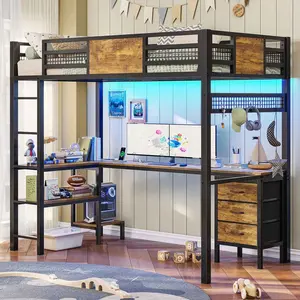 Sikaic Metal Loft Bed Frame Twin Size with L-Shaped Desk LED Lights Charging Station Drawers & Shelve Bedroom Set Unique Furniture Storage Dorm Mdf Board Remote Control