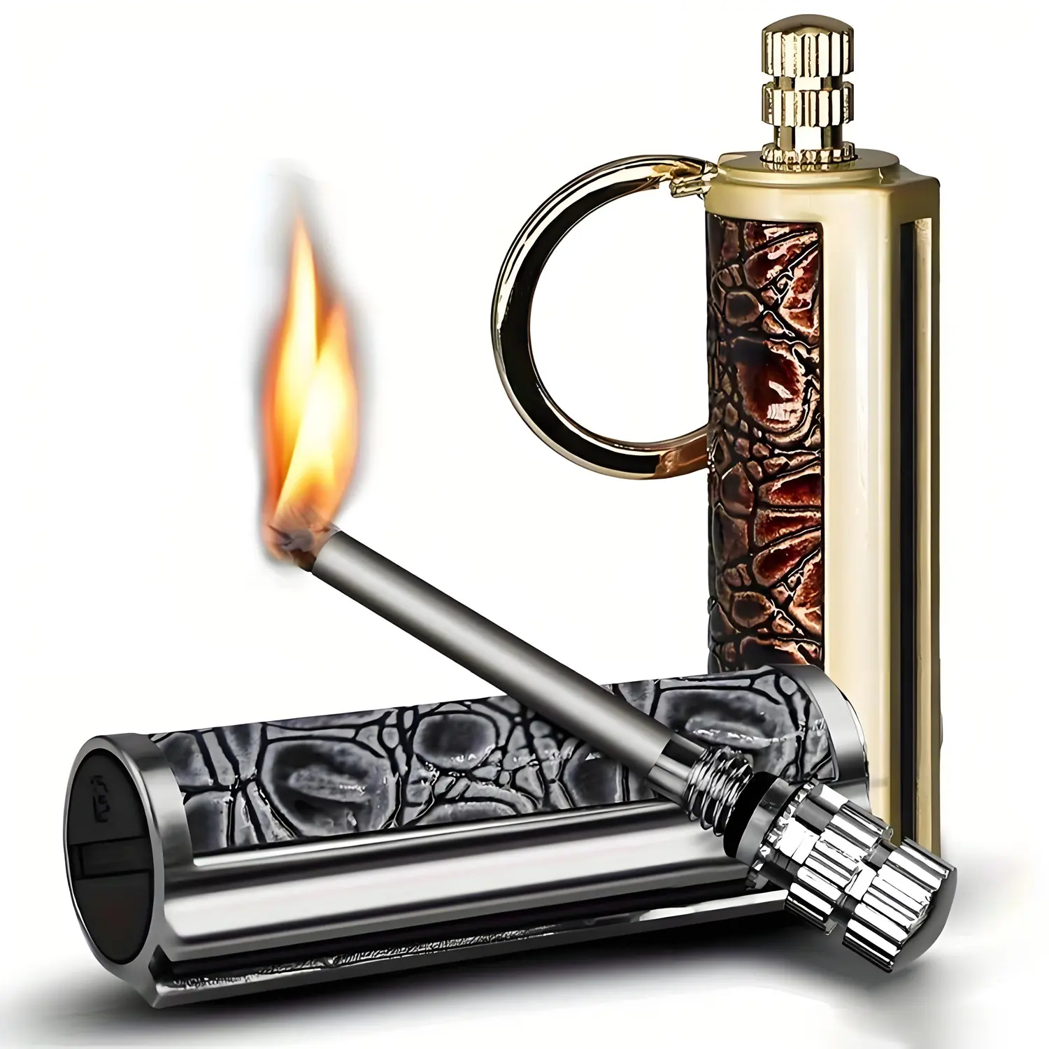 Metal Body Portable Keychain Igniter Lighter Accessory - Waterproof, Refillable, 10000-Strike for Outdoor Camping, Campfire/BBQ Party, Emergency Lighting (Kerosene Not Included; Bring Your Own)