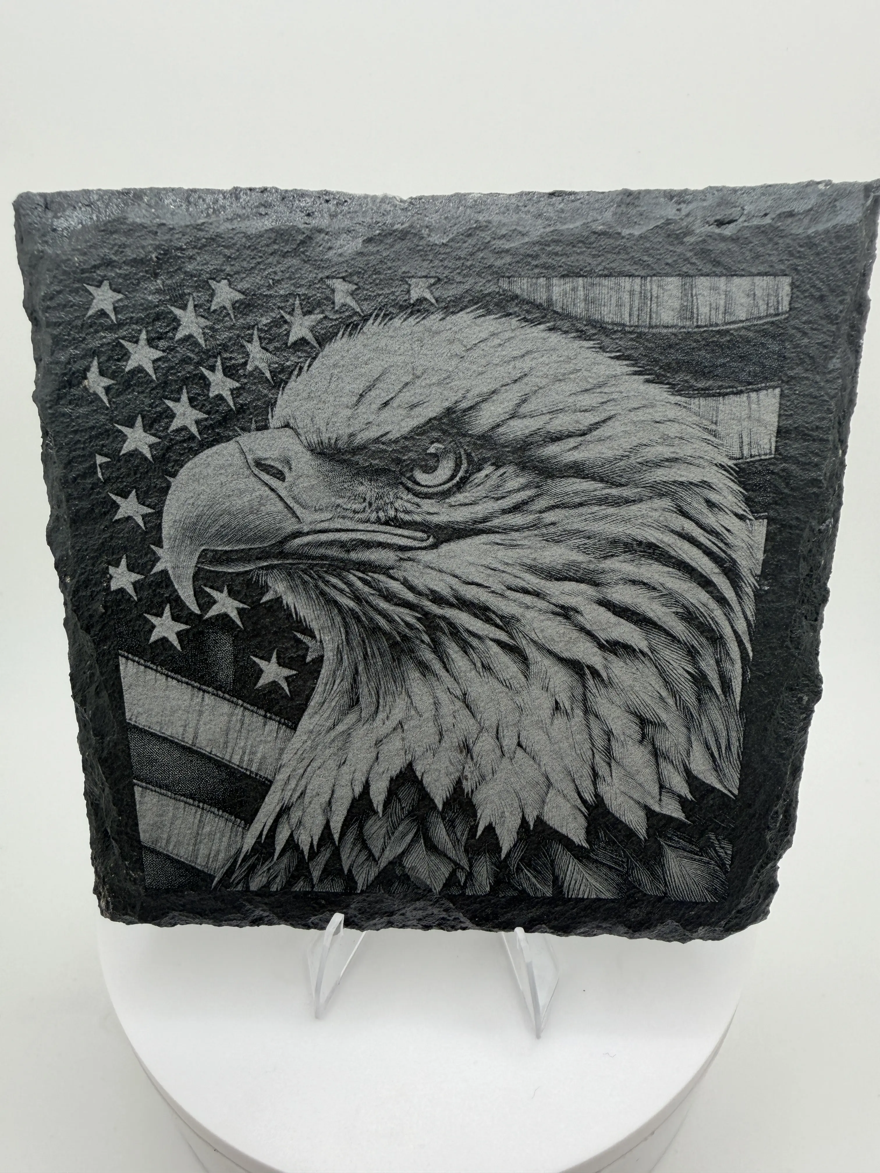 Laser Engraved Bald Eagle & American Flag Slate Coaster | 4x4 Patriotic Drink Coaster | Handmade USA Gift