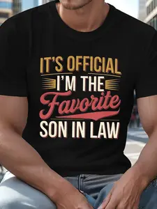 Men's Funny Favorite Son In Law Graphic Print T-shirt, Retro Casual Style Fitted Short Sleeve Soft Breathable Cotton Top, Ideal For Father In Law Gifts, Family Reunions & Daily Wear