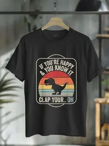 100% Cotton Vintage Retro If You're Happy and You Know It T-Rex Dinosaur T-Shirt
