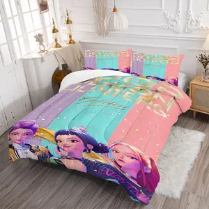 K-Pop Demon Hunter Bedding Set, Hot Girl Group Boy Group Poster Pattern Design, Includes 1 Quilted Quilt and 1/2 Pillowcase (Without Pillow Insert), A Warm Breathable Bed Cover, Perfect for K-Pop Fans' Bedroom Decoration or Gifts