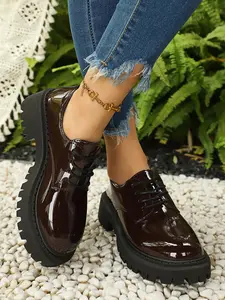 Women's Glossy Thick Sole Rubber Leather Oxford Shoes, Soft Bottom Heeled Casual Shoes, College Style British Style Versatile Platform Shoes, Student Commute Shoes