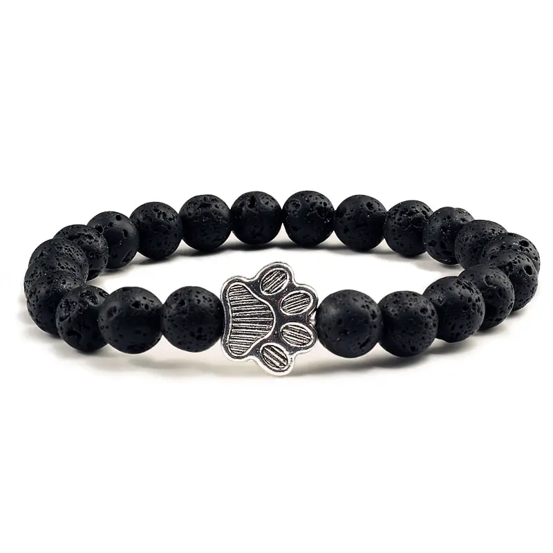Matte Black Lava Stone Bracelet with Paw Print Charm, 8mm Beaded Elastic Yoga Jewelry for Men & Women, Pet Memorial Gift for Cat Dog Lovers, Fashion Design, Bead Width: 8Mm
