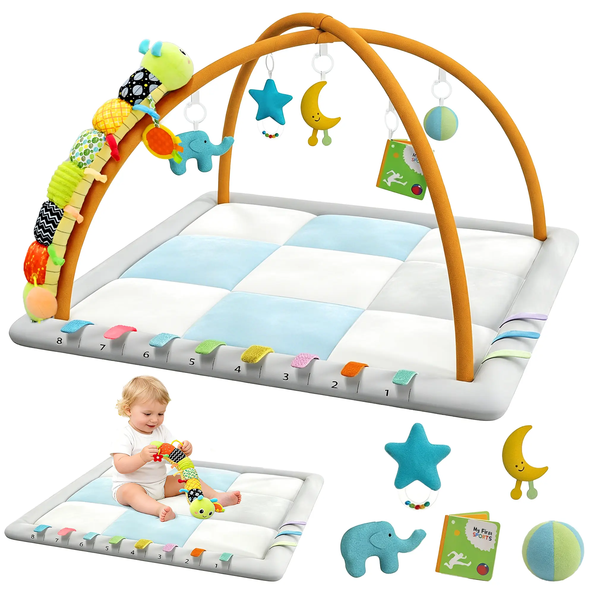 Kidmoze 5-in-1 Caterpillar Activity Playgym - Bonded Fabric Padded Washable Nursery Development Mat for 0-2 Years Infants, Toddler-Safe Floor Gym with Sensory Board, Music, Built-In Toys for Baby Entertainment