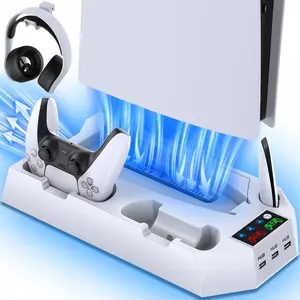 PS5/PS5 Slim/PS5 Pro Stand and Cooling Station with Dual Controller Charging Station for  5 Console, PS5 Accessories Incl. Controller Charger, Cooling Fan, Headset Holder, 3 USB Hub, White