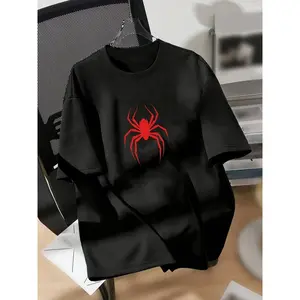 Spider Graphic, Plus-Size Spider Graphic T-Shirt - Soft, Stretchy & Machine Washable, Round Neck, Casual All-Season Wear, Black with Red Spider Print Design, Comfortable Clothing | Playful Print Tee | Machine Washable Top