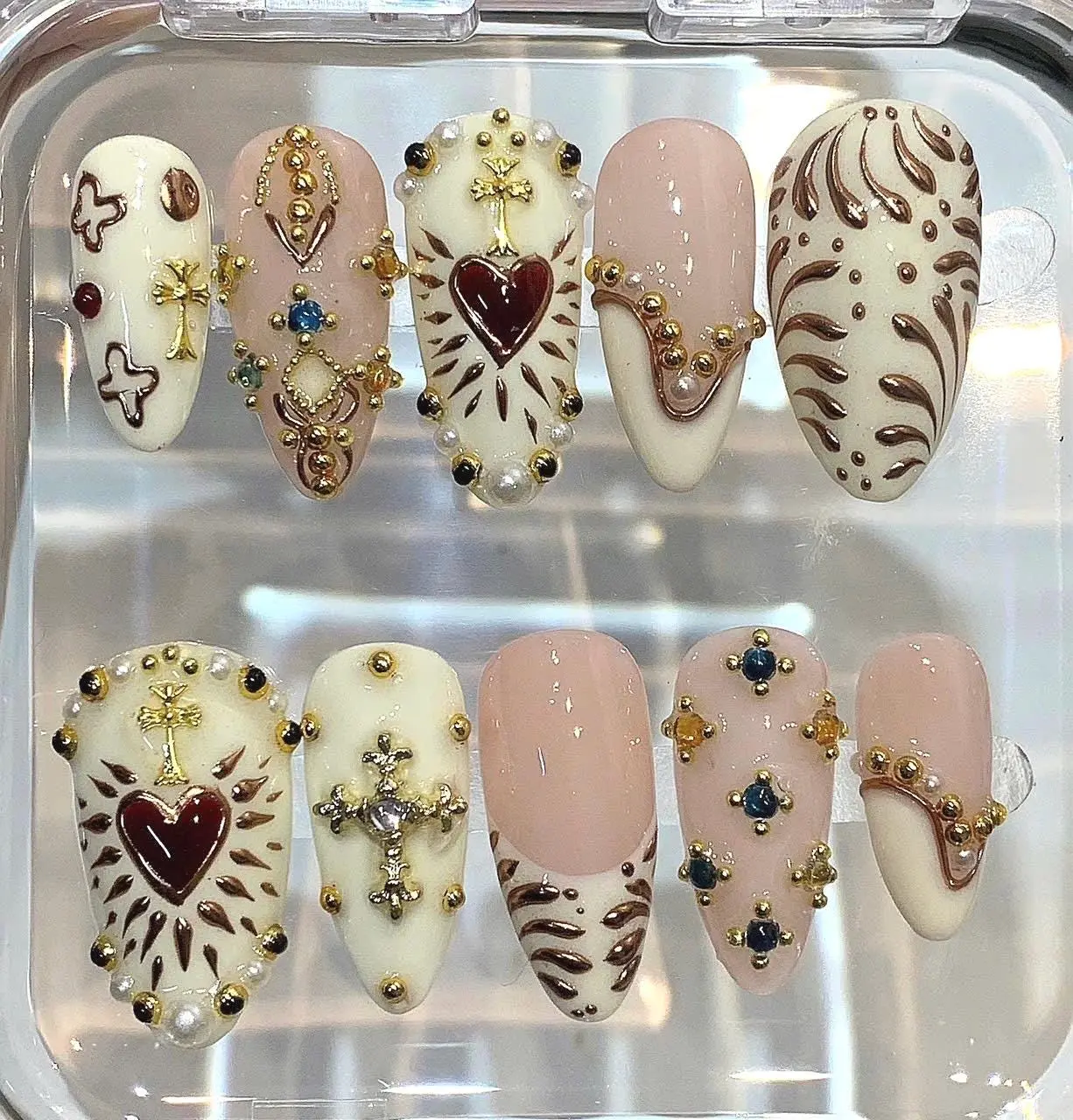 Sacred Heart Press On Nails | Gothic Cross Baroque Charm Set