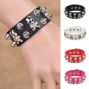 Retro Punk PU Leather Bracelet Wide Skull & Studded Wristband Adjustable Rock Streetwear Jewelry