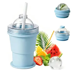 Collapsible Silicone Ice Ball Maker Cup, 2-in-1 Reusable Portable Ice Sphere Mold with Straw & Lid, Easy Demolding, Leakproof Travel Tumbler for Whiskey, Cocktails, Coffee, Juice, Home, Gym, Outdoor, Summer Cold Drinks, Ice Ball Molds