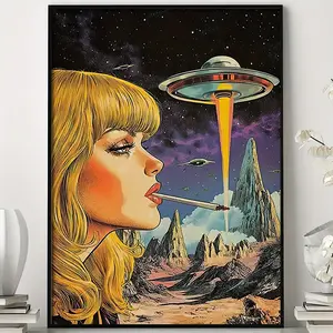 Sci-Fi Fantasy Poster, Unframed Canvas Art, Artwork, Women & Ufo, Starry Sky, Modern Home Decor, Living Room Bedroom Office Wall Art