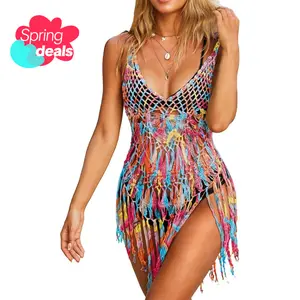 EKOUAER handcrafted knitwear Beach Swimsuit Cover Up Women Crochet Bikini Coverups Summer Pool Swimwear Tassel Dress